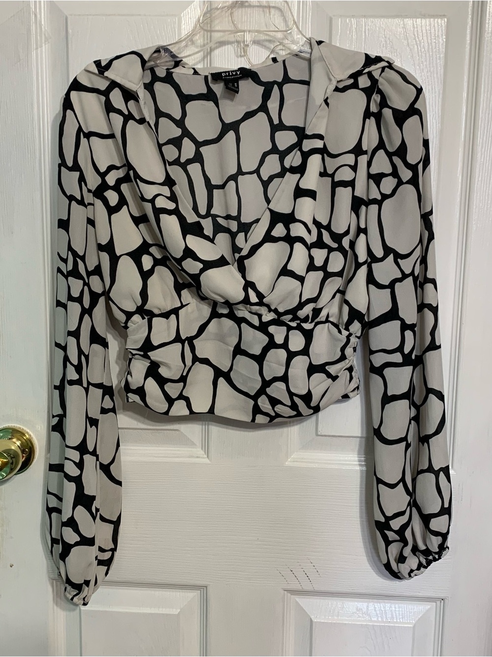 privy Black & White Abstract Wrap Crop Blouse
